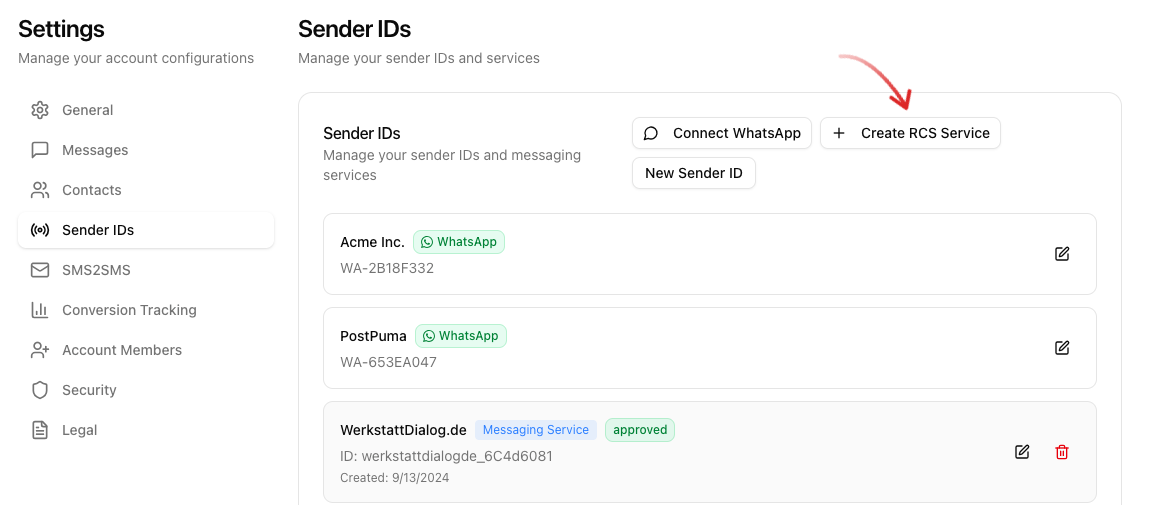 Sender IDs settings page listing existing sender IDs and services, with an arrow pointing at the "Create RCS Service" button