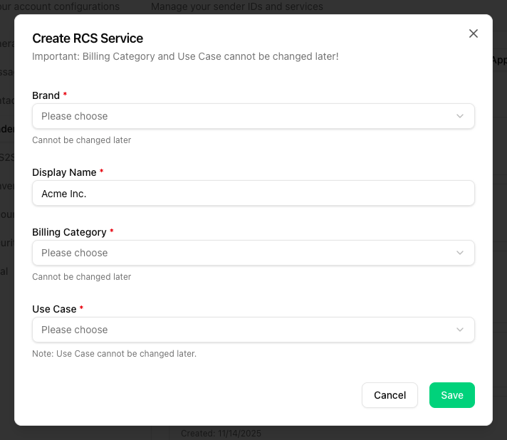 The "Create RCS Service" dialog with the required fields Brand, Display Name, Billing Category and Use Case