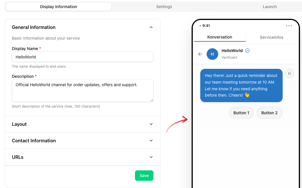 RCS service setup page with the Display Information, Settings and Launch tabs; on the left the form with display name and description, on the right a live preview marked with an arrow as a phone conversation