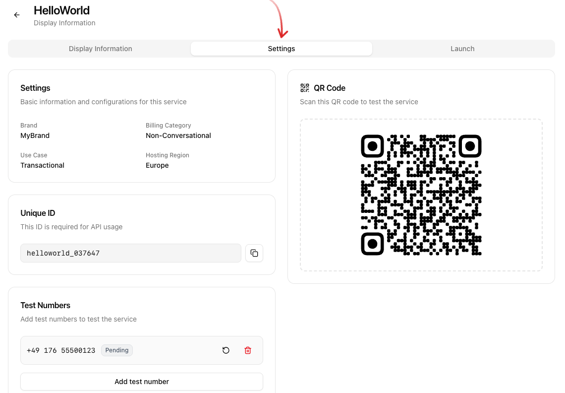 RCS service with an arrow pointing at the Settings tab; below it the overview of brand, billing category and use case, a QR code for testing, the unique service ID and the Test Numbers area