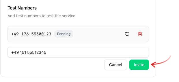 Test Numbers area with a number already invited in status "Pending", an input field for another phone number and an arrow pointing at the "Invite" button